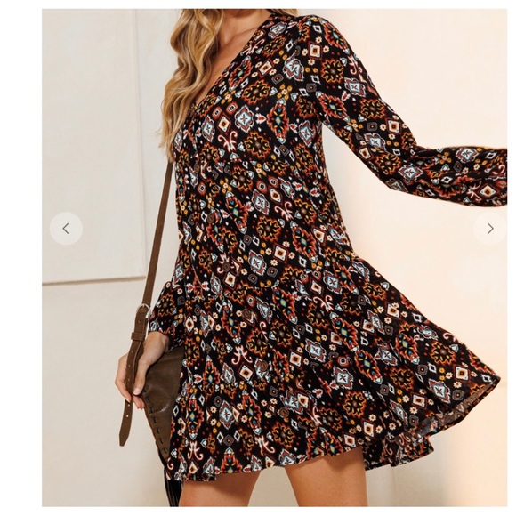 20 Boho Bohemian Print Fabric V-Neck Tiered Mini Dress - Picture 2 of 6
